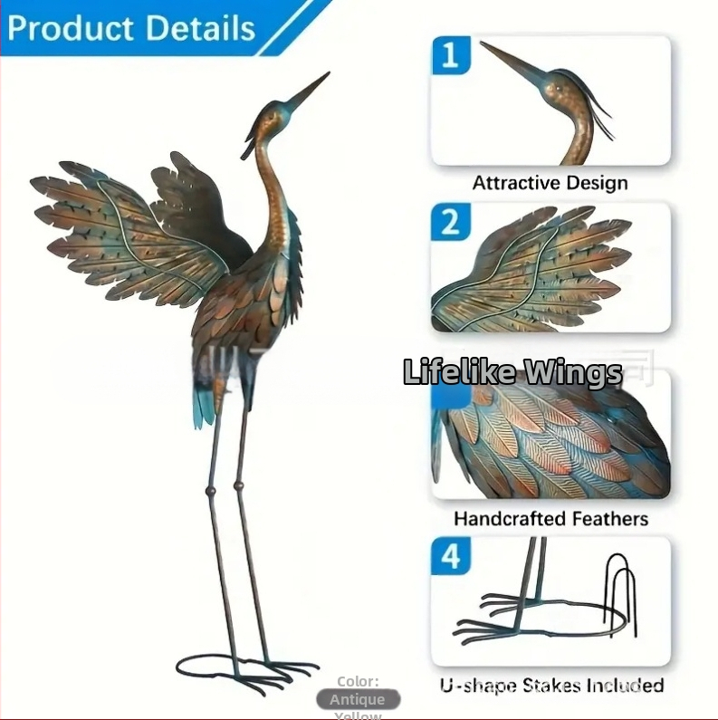 Kovový vtáčí socha do záhrady — realistický dizajn, dekor na dvore, terasu a rekvizita na fotografovanie; zvárané spracovanie; poloautomatická a polo mechanická výroba