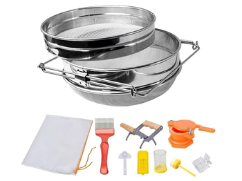 Beitai Εργαλεία Μελισσοκομίας 9 τεμαχίων: διπλού επιπέδου ανοξείδωτος φιλτρός μελιού, ξύλινος σφιγκτήρας πλαισίου κυψέλης, πλαστικό στόμιο ροής μελιού