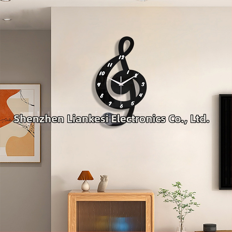 emoyo Стенен часовник, кръгъл акрилен корпус, дизайн музикална нотка, кварцов механизъм със тих ход, модел 30503