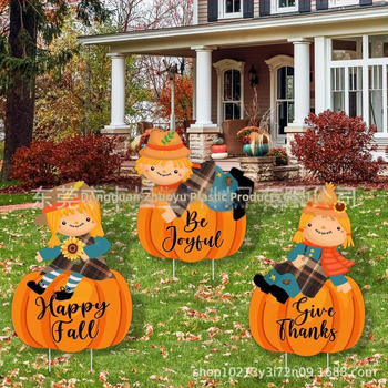 Thanksgiving tökös kertjelző karóval, UV nyomtatású PP üreges táblán, esőálló kerti dekoráció