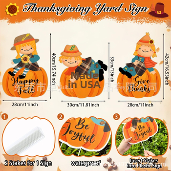 Thanksgiving tökös kertjelző karóval, UV nyomtatású PP üreges táblán, esőálló kerti dekoráció