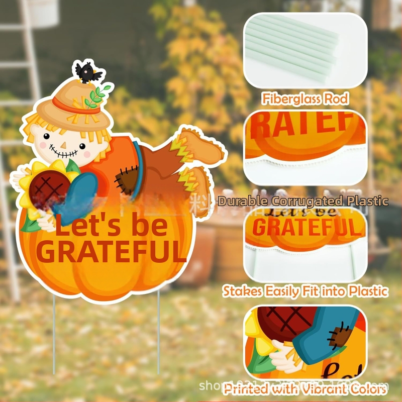 Thanksgiving tökös kertjelző karóval, UV nyomtatású PP üreges táblán, esőálló kerti dekoráció