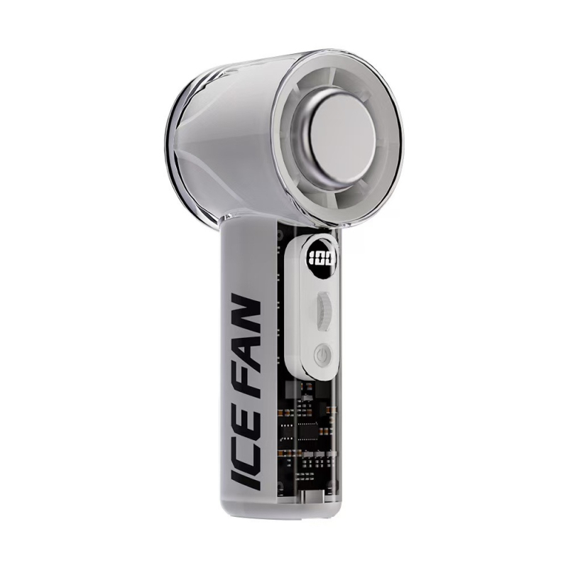 Kézben tartható hűtőventilátor, hordozható USB töltéssel, beépített akkumulátor, 6 sebesség, átlátszó burkolat, brushless motor