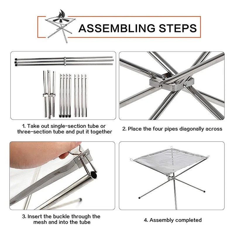 Sulankstoma nešiojama laužavietė, kvadratinė, iš nerūdijančio plieno vielos, be dūmų, vėjo atspari, nuimama, lengvai valoma