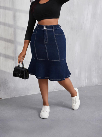 Τζιν φούστα φούνα, υψηλή ελαστικότητα, ψηλή μέση, μεσαίου μήκους, άνοιξη 2025, 70–80% βαμβάκι + <30% πολυεστέρα