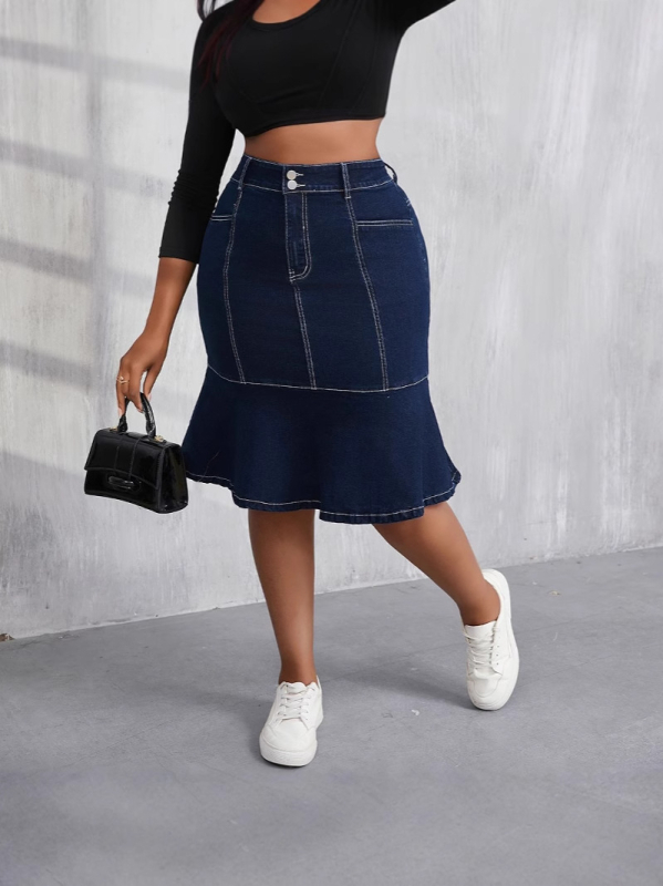 Denim suknja sirena kroja, visoka elastičnost, visok pojas, srednja duljina, proljeće 2025, 70–80% pamuk + <30% poliester