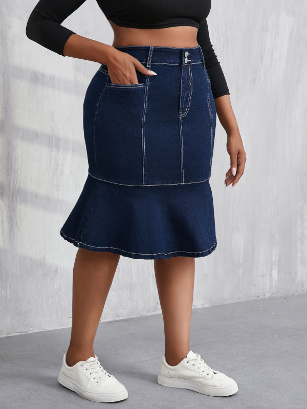 Denim suknja sirena kroja, visoka elastičnost, visok pojas, srednja duljina, proljeće 2025, 70–80% pamuk + <30% poliester