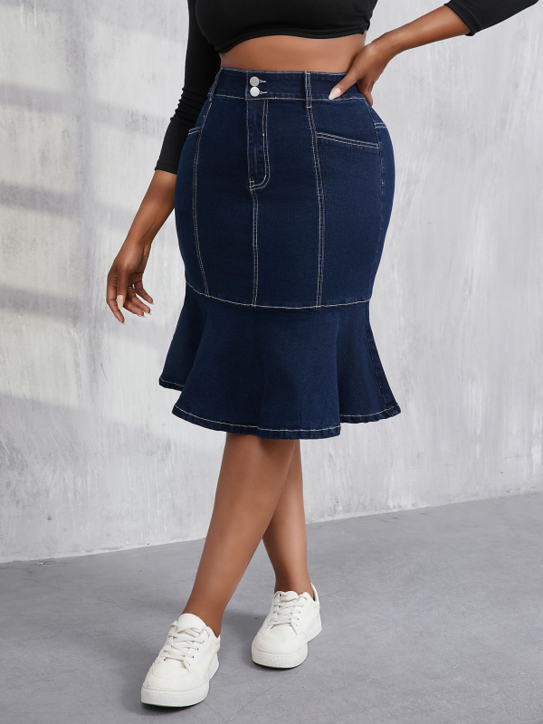 Denim suknja sirena kroja, visoka elastičnost, visok pojas, srednja duljina, proljeće 2025, 70–80% pamuk + <30% poliester