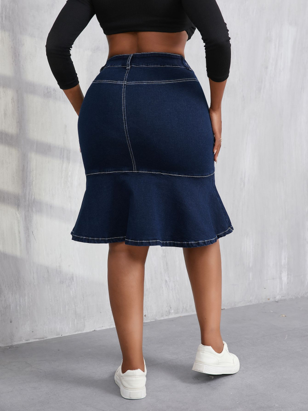 Denim suknja sirena kroja, visoka elastičnost, visok pojas, srednja duljina, proljeće 2025, 70–80% pamuk + <30% poliester