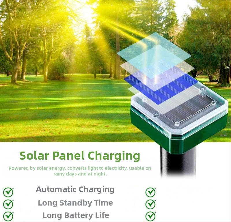 Solárny ultrazvukový odpudzovač škodcov do záhrady – hlodavce, hady, vtáky, hmyz a mačky; Napätie 1,2 V; Ultrazvukový interval 20 s; Plášť ABS+PP