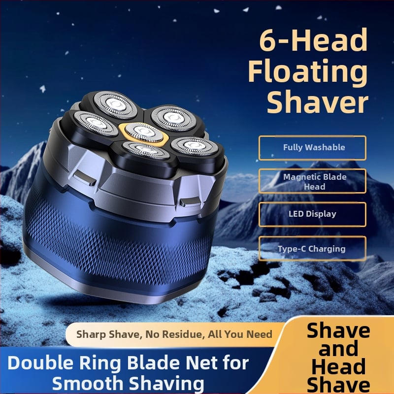 Elektrinis skutimosi prietaisas su šešių galvų rotacine galva, platus plovimas visam kūnui, LED ekranas, plūduriuojanti pjovimo galva, nuimamos ir plaunamos galvutės, įmontuota Li-ion baterija 800–1000 mAh, veikimo laikas daugiau nei 60 min.