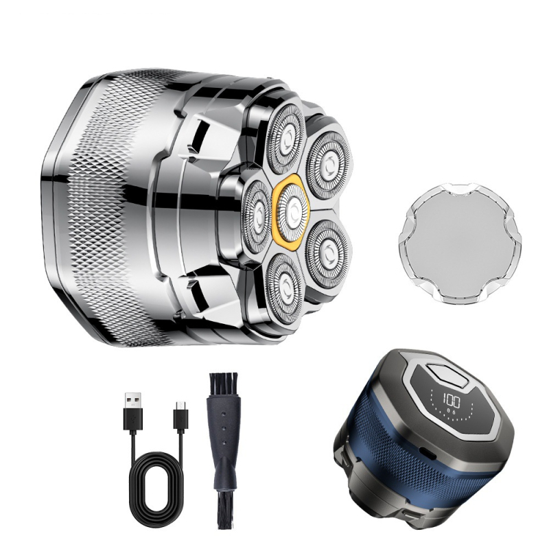 Elektrinis skutimosi prietaisas su šešių galvų rotacine galva, platus plovimas visam kūnui, LED ekranas, plūduriuojanti pjovimo galva, nuimamos ir plaunamos galvutės, įmontuota Li-ion baterija 800–1000 mAh, veikimo laikas daugiau nei 60 min.