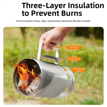 Anglių uždegimo cilindras kepsninėms — geležinė konstrukcija, šiuolaikiškas minimalistinis dizainas