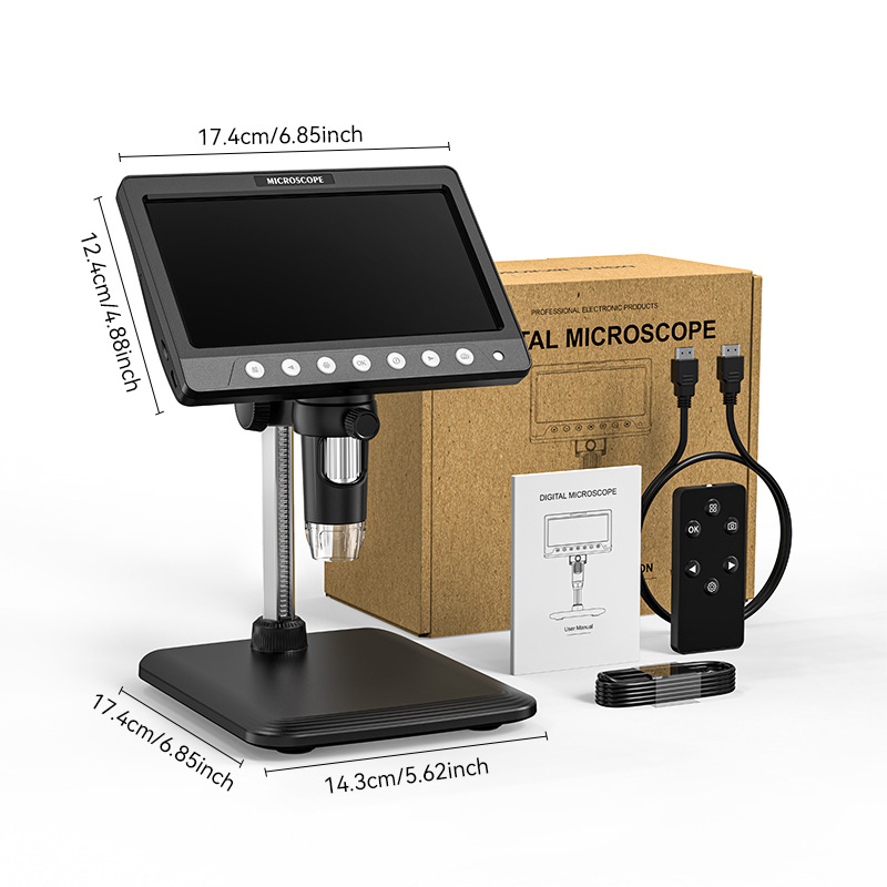 HDMI skaitmeninis mikroskopas su įmontuotu ekranu, 100x didinimas, 2 MP jutiklis, nešiojamas dizainas elektronikai