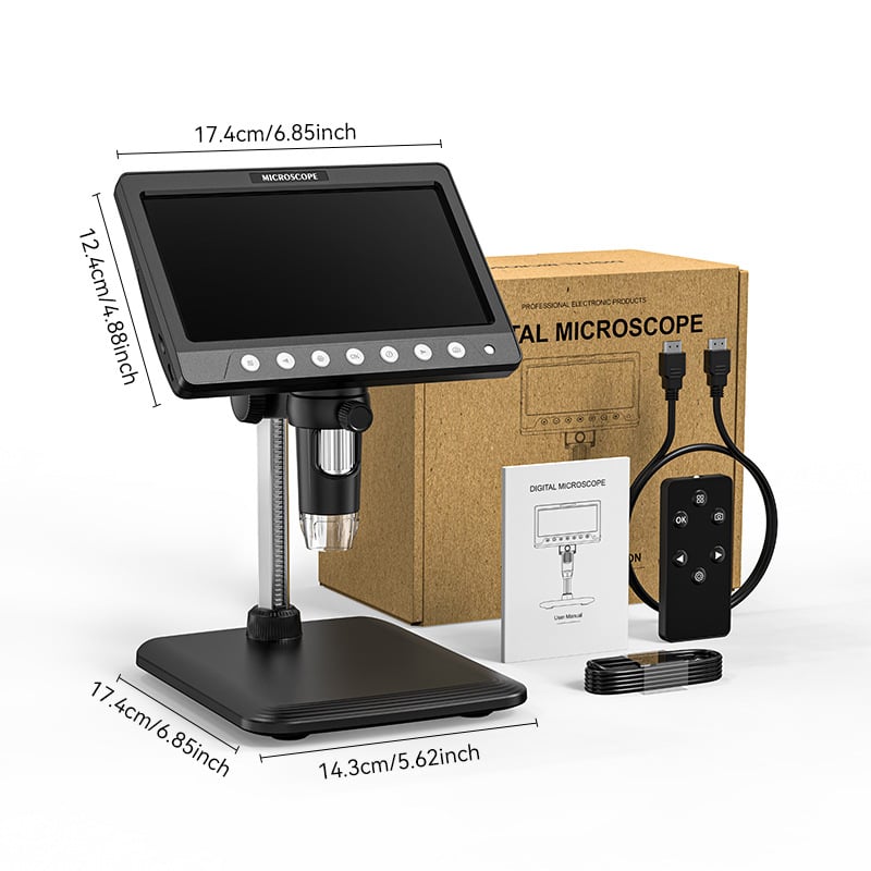 HDMI skaitmeninis mikroskopas su įmontuotu ekranu, 100x didinimas, 2 MP jutiklis, nešiojamas dizainas elektronikai