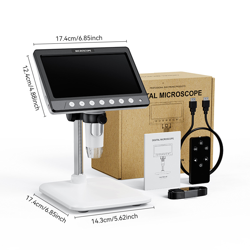 HDMI skaitmeninis mikroskopas su įmontuotu ekranu, 100x didinimas, 2 MP jutiklis, nešiojamas dizainas elektronikai