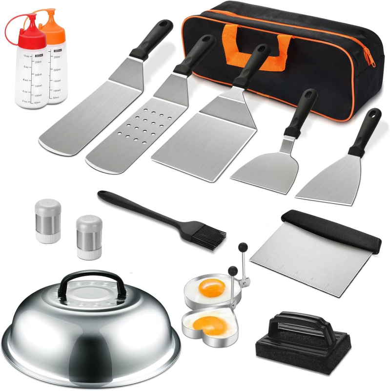 Dewdrop nerūdijančio plieno kepsninės rinkinys – 17 dalių, su klipu, šepetėliu, šakute ir mentelė