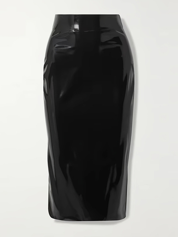 PU δερμάτινη φούστα, μεσαίου μήκους, μονόχρωμη, μικροελαστική, σύνθεση υφάσματος: 70% πολυεστέρας, 25% PU, 5% ελαστάνη