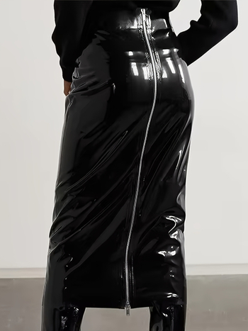 PU δερμάτινη φούστα, μεσαίου μήκους, μονόχρωμη, μικροελαστική, σύνθεση υφάσματος: 70% πολυεστέρας, 25% PU, 5% ελαστάνη