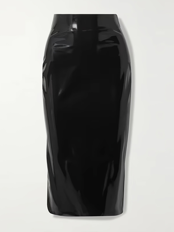 PU bőrhöz hasonló szoknya, közepes hosszúságú, egyszínű, mikro-elasztikus, szövet összetétele: 70% poliészter, 25% PU, 5% elasztán