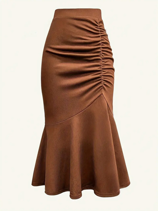 Undinės siluetas, plisė, aukšta juosta, midi ilgio sijonas, poliesterio pluoštas su mikroelastika, patchwork dizainas