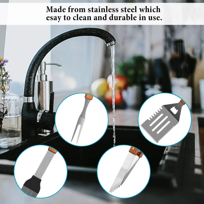 Kepsninės įrankių rinkinys su medine rankena, nerūdijančiojo plieno; apima peilį, šakutę, šepetį, mentelę ir audinio krepšį