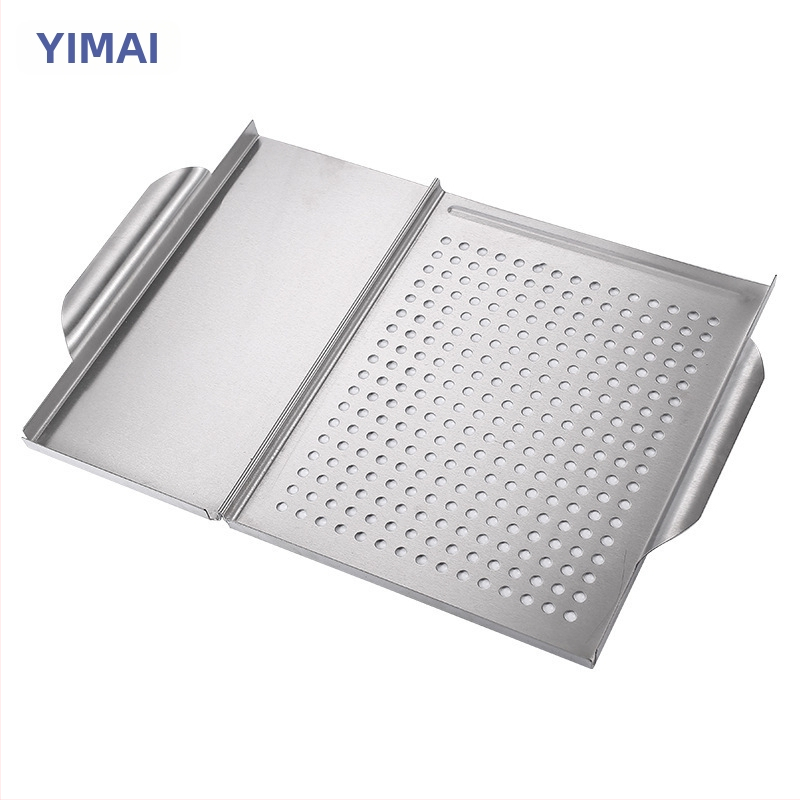 Неръждаема квадратна тава за барбекю, 430 неръждаема стомана, 2-в-1 за печене и зеленчуци, преносима, лесна за почистване, тегло 1.08 кг