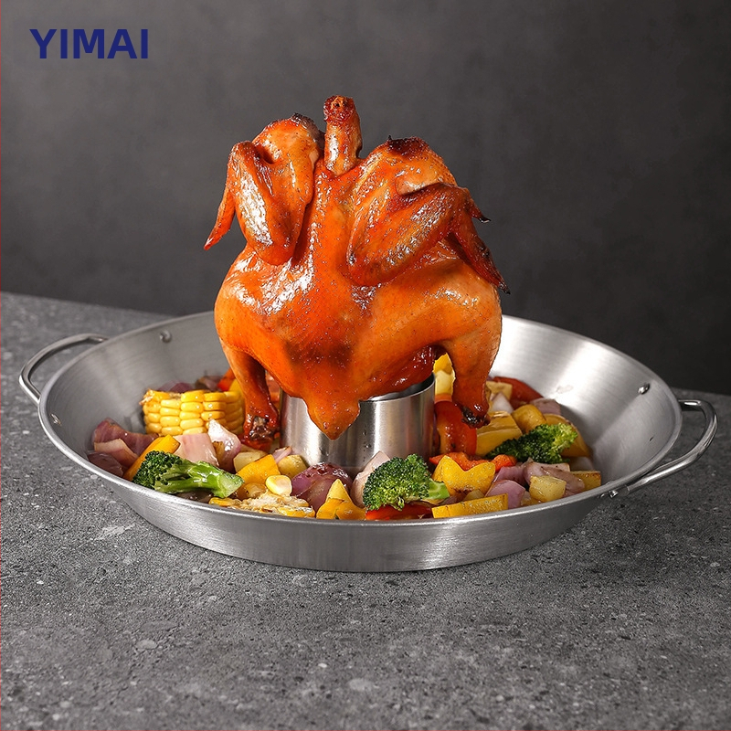 Nerūdijančio plieno vištienos kepimo lėkštė su apvaliu paviršiumi, poliruotas, lengva nešiojama ir nuimamas laikiklis, daugiafunkcinė, svoris 0.94