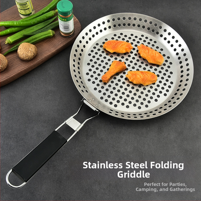 Кръгла сгъваема тава за барбекю от 430 неръждаема стомана – преносим кош за зеленчуци, куха мрежа, тегло 0,592 кг, изработена чрез разтягане и щамповане