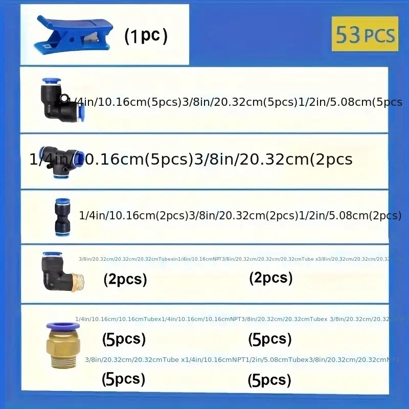 53 части комплект за пневматични съединители със Push-In бързо свързване (ABS конструкция)