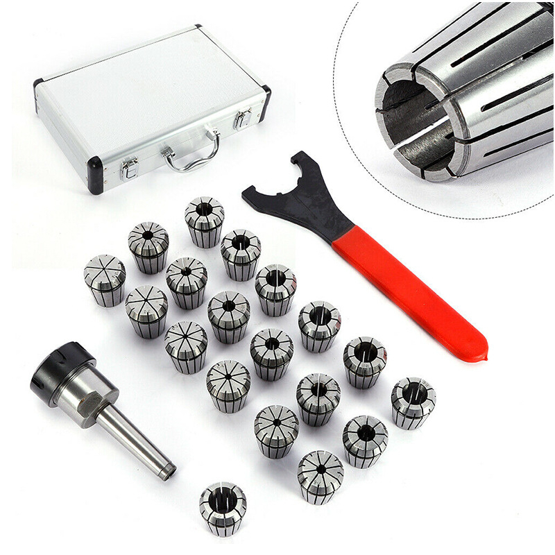 ER32 патронник комплект, 19 бр., за фрезов станок, зажим 3–20 мм, 65Mn, 55HRC, прецизност 0,015 мм