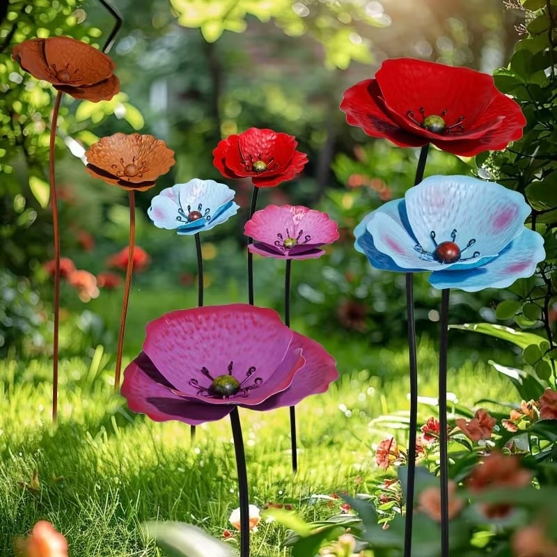 Vas kerti virág elrendezés – kültéri földbe szúrható állvány, modern minimál stílusú fém dekoráció