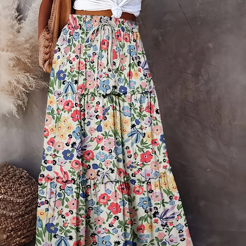 Suknja s cvjetnim printom, A-linijski kroj, duga, umjetnički vintage stil, poliester