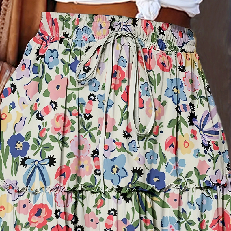 Suknja s cvjetnim printom, A-linijski kroj, duga, umjetnički vintage stil, poliester