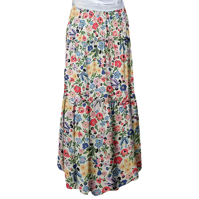 Suknja s cvjetnim printom, A-linijski kroj, duga, umjetnički vintage stil, poliester