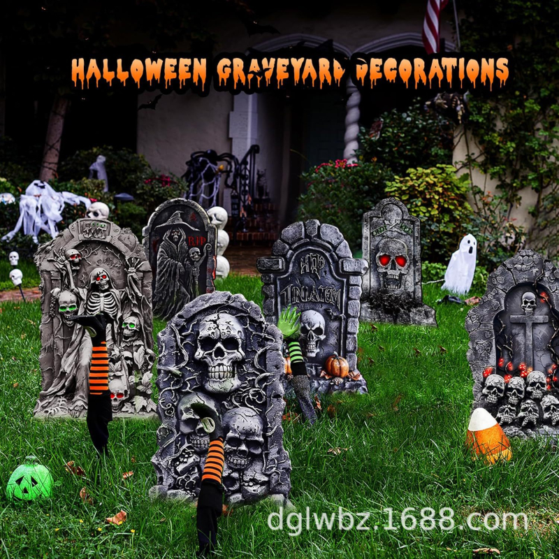 Pietră funerar scheletală Halloween – plastic, decor exterior pentru grădină, dovleac, recuzită: Road Guide