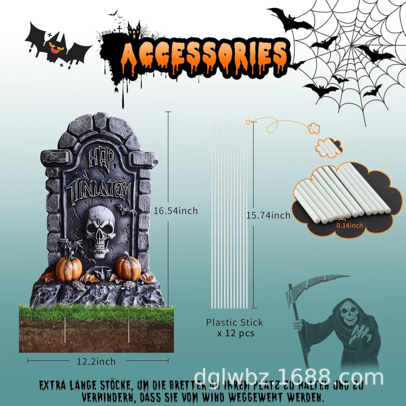 Pietră funerar scheletală Halloween – plastic, decor exterior pentru grădină, dovleac, recuzită: Road Guide