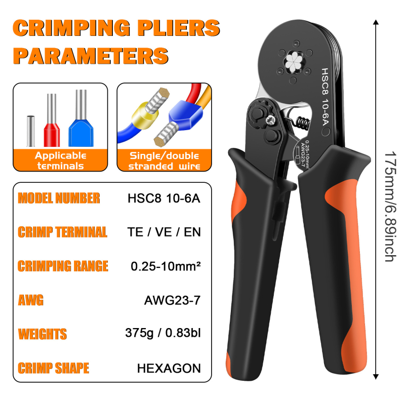 Šešiakampės krimpavimo replės vamzdiniams terminams - šešiakampės, specialios vamzdinių terminų krimpavimui, SANJIANG, aukštos anglies plienas, svoris 0.7