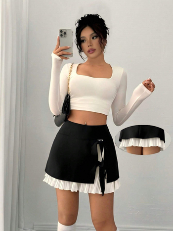 Φούστα Α-γραμμής με ψηλή μέση, πουά μοτίβο, δαντελένια διακόσμηση με φιόγκο, πολυεστέρας ύφασμα, σκίσιμο