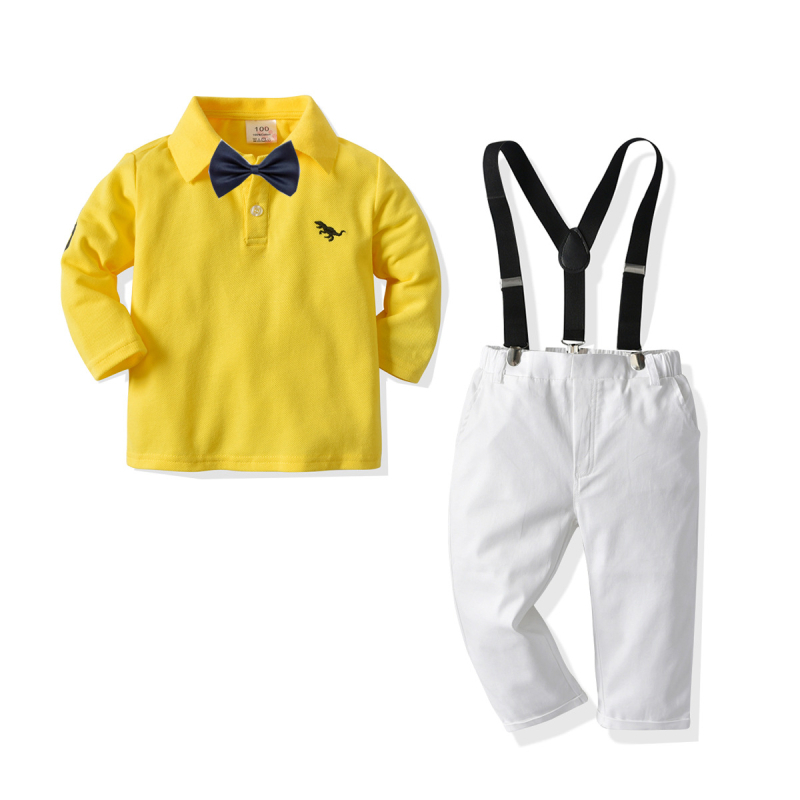 Fiúknak készült 4 részes öltöny: pólóing csokornyakkendővel és vállpántokkal, nadrág; 100% pamut, hosszú ujjak