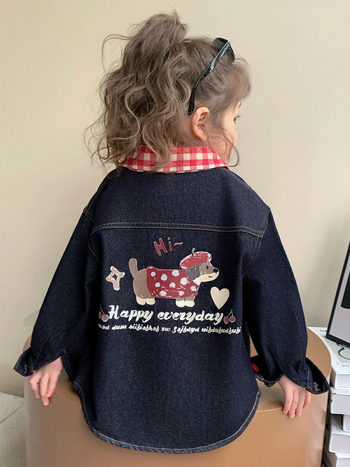 Gyerekeknek készült farmering, karikatúra kutyus mintával, lapos gallér, hosszú ujjú, 3–8 éveseknek