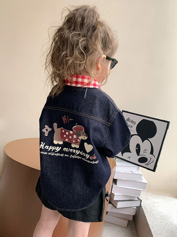 Gyerekeknek készült farmering, karikatúra kutyus mintával, lapos gallér, hosszú ujjú, 3–8 éveseknek