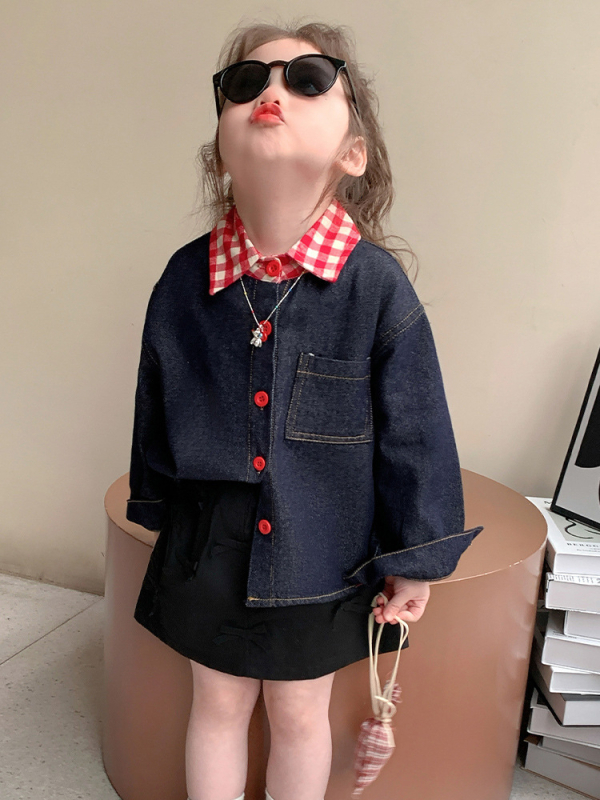 Gyerekeknek készült farmering, karikatúra kutyus mintával, lapos gallér, hosszú ujjú, 3–8 éveseknek