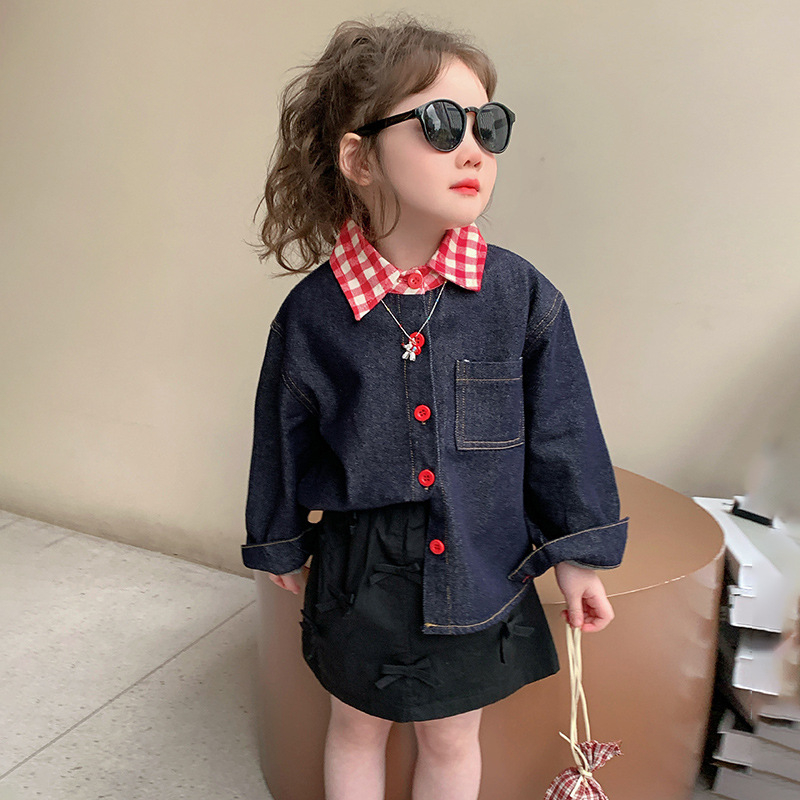 Gyerekeknek készült farmering, karikatúra kutyus mintával, lapos gallér, hosszú ujjú, 3–8 éveseknek