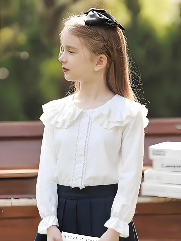 Lányoknak készült hosszú ujjú pamut ing, reveres galléros, egyszínű, lágy felületkezeléssel, tavasz–ősz