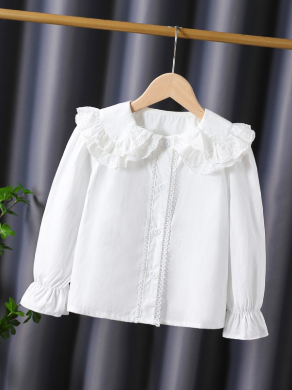 Lányoknak készült hosszú ujjú pamut ing, reveres galléros, egyszínű, lágy felületkezeléssel, tavasz–ősz