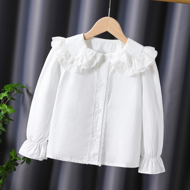 Lányoknak készült hosszú ujjú pamut ing, reveres galléros, egyszínű, lágy felületkezeléssel, tavasz–ősz