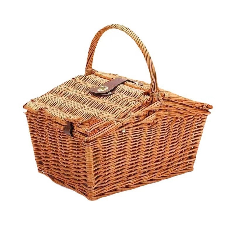 Pastorális stílusú fonott tároló kosár fedéllel, piknikhez, gyümölcsökhöz és nassolnivalókhoz