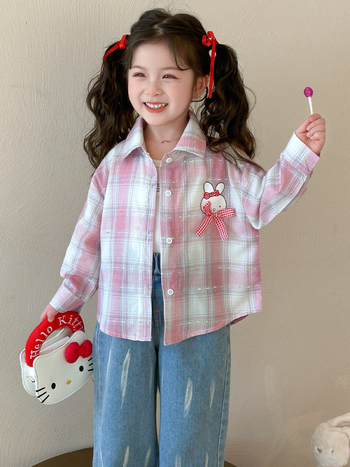 Lányoknak szóló ing-dzseki, koreai stílusú kockás mintával, hosszú ujjú, V-nyakú, pamut-keverék puha felülettel, 3–8 éveseknek
