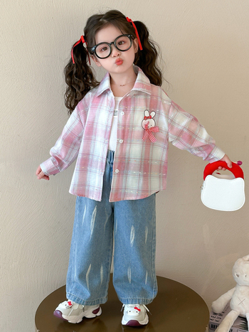 Lányoknak szóló ing-dzseki, koreai stílusú kockás mintával, hosszú ujjú, V-nyakú, pamut-keverék puha felülettel, 3–8 éveseknek